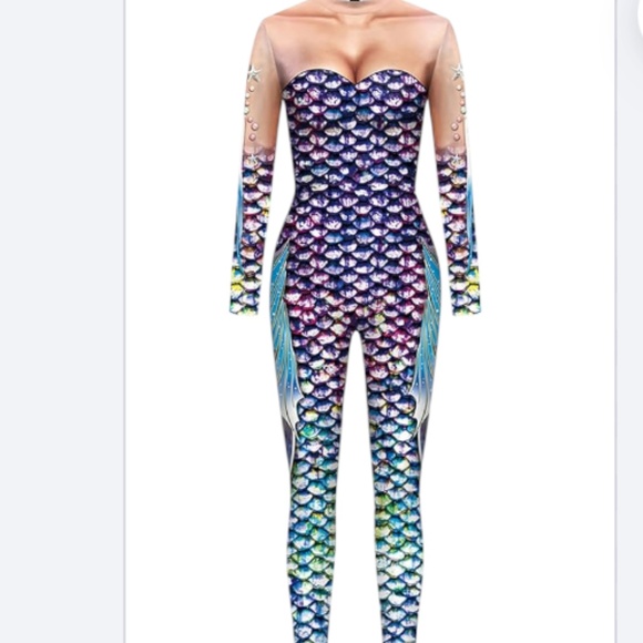 Women's Fish Scale Print Jumpsuit Mermaid Costume Full Length Bodysuit Cos Play - Picture 2 of 4